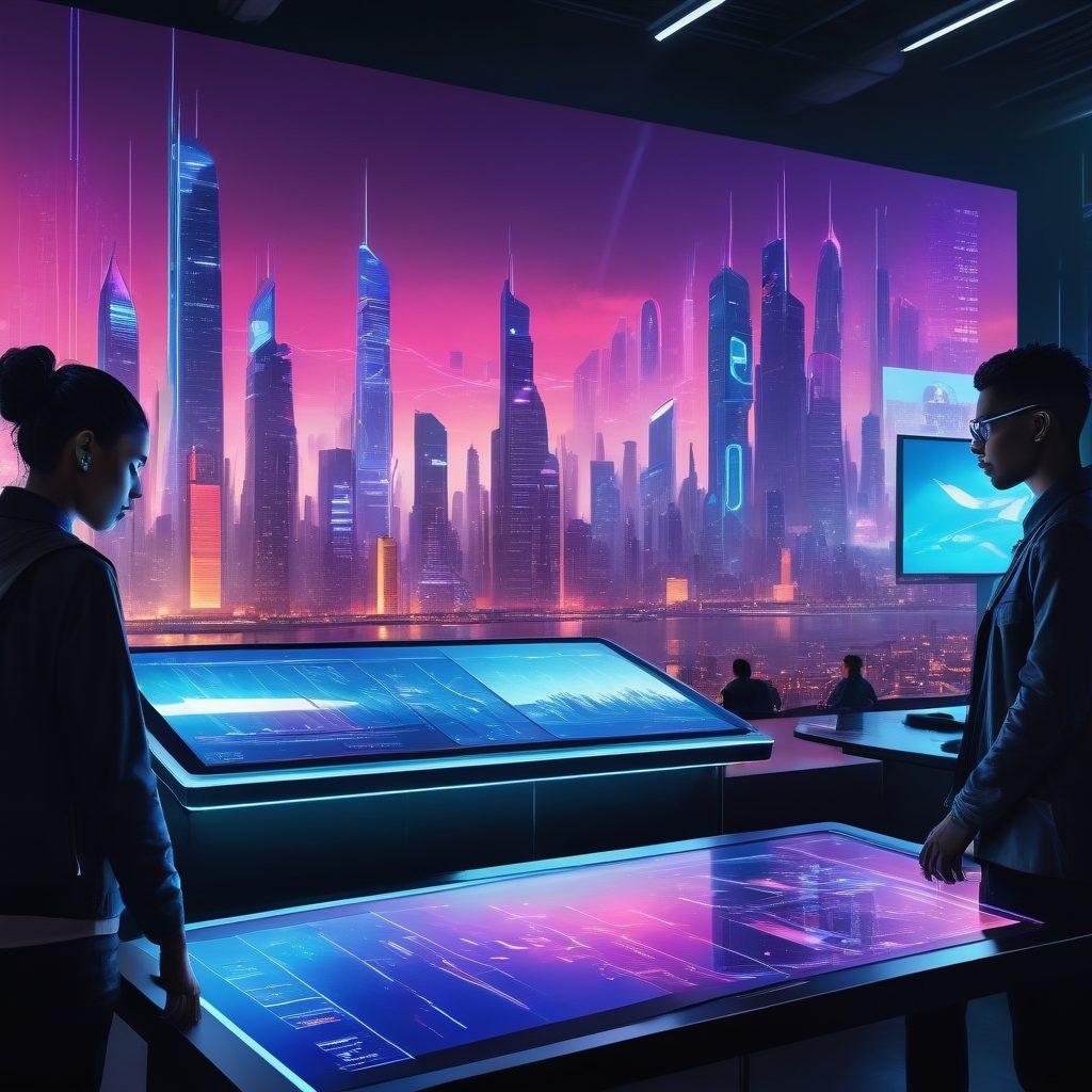 A futuristic cityscape featuring diverse people engaged in high-tech communication, utilizing holograms and VR devices. In the foreground, a group of professionals is collaborating over a digital table filled with dynamic charts and AI interfaces. The background showcases a vibrant skyline with digital billboards displaying technology trends. Bright and bold colors to create an engaging atmosphere. super-realistic. vibrant colors. cyberpunk.