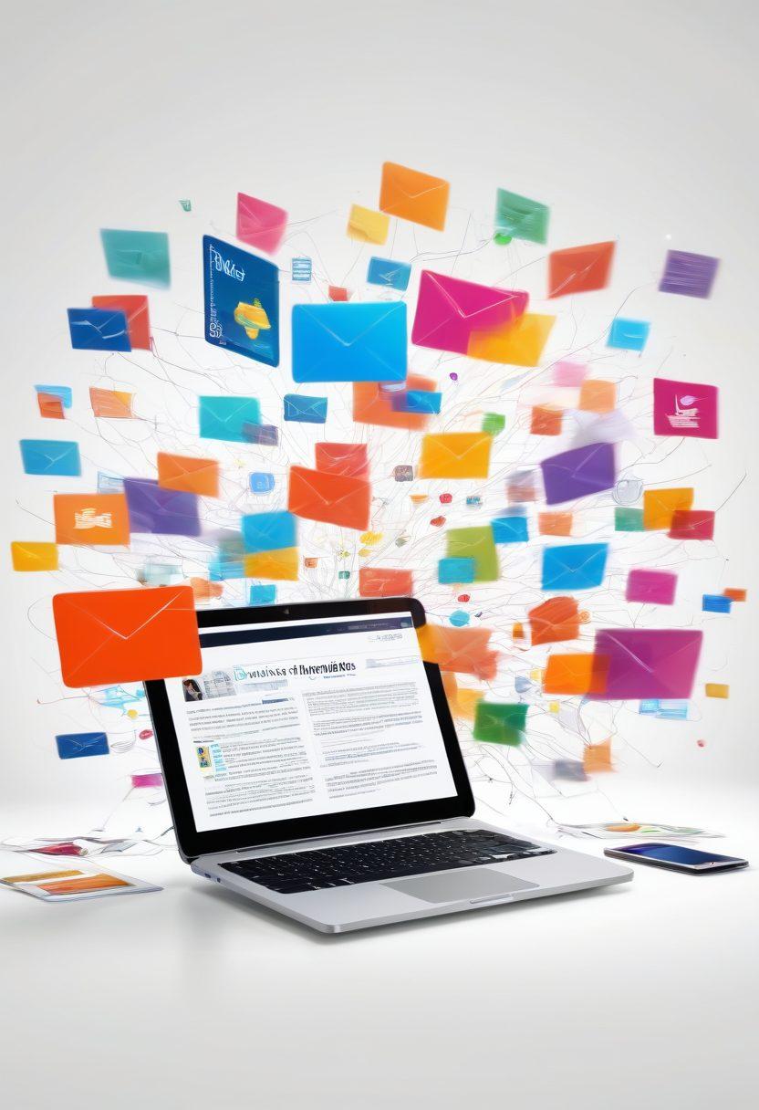 A dynamic scene depicting a person enthusiastically reading a colorful newsletter on a tablet, surrounded by various digital devices like laptops and smartphones. In the background, a collage of engaging blog posts and social media icons flows seamlessly, illustrating the connection between blogs and newsletters. Bright, inviting colors and an upbeat atmosphere emphasize user engagement and connection in the digital age. 3D style. vibrant colors. white background.