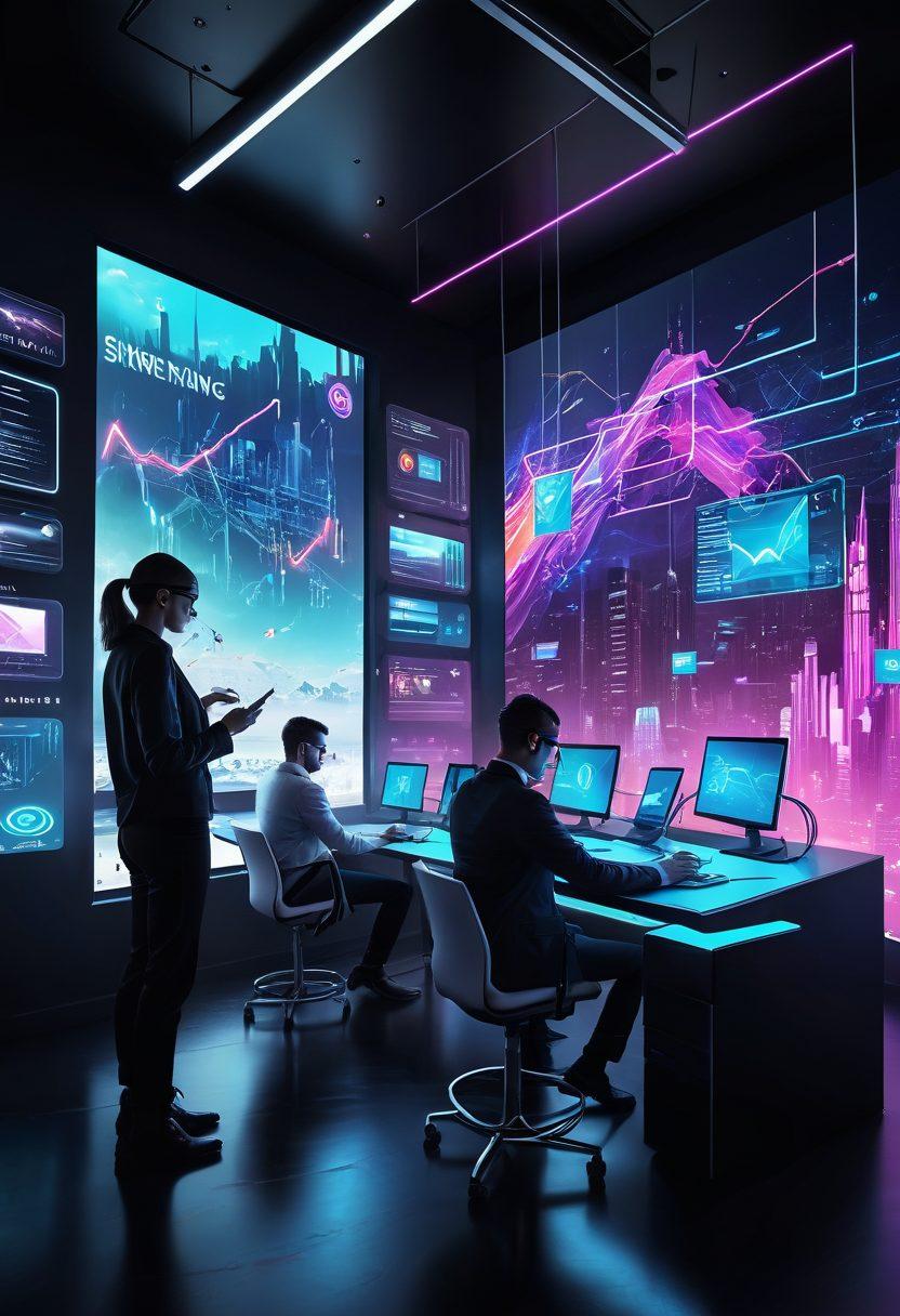A futuristic digital landscape depicting diverse people engaging with email campaigns on various devices, highlighted by vibrant charts and graphs illustrating growth metrics. Include elements like floating emails and icons representing social media integrations, with an emphasis on connectivity and communication. The scene should evoke a sense of innovation and opportunity in digital marketing. super-realistic. vibrant colors. cyberpunk style.